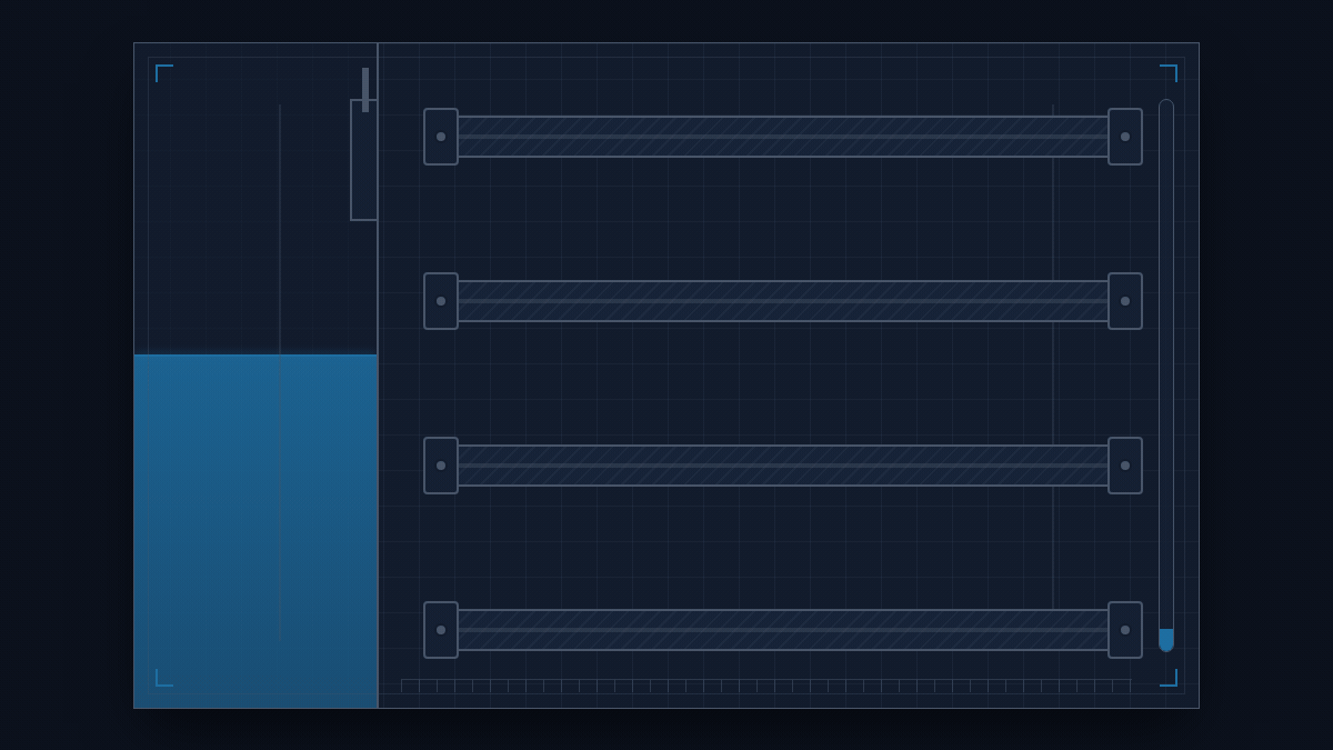 A vertical chain of four linked mechanisms drawn as stacked horizontal bars. Water level rises from the bottom of the frame. In the FIRST pass the top bar stays closed and the three bars below it rema