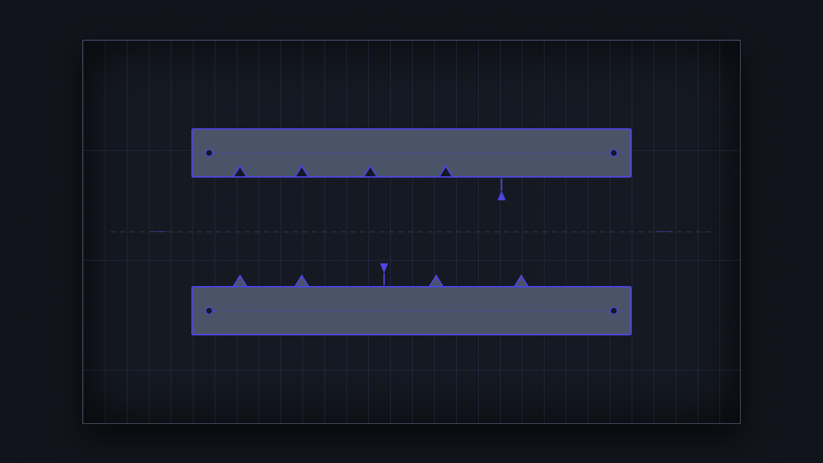 Two horizontal strips face each other across a gap. The TOP strip assembles a sequence of notches left to right, one at a time. The BOTTOM strip, independently, cuts its own sequence of notches. When