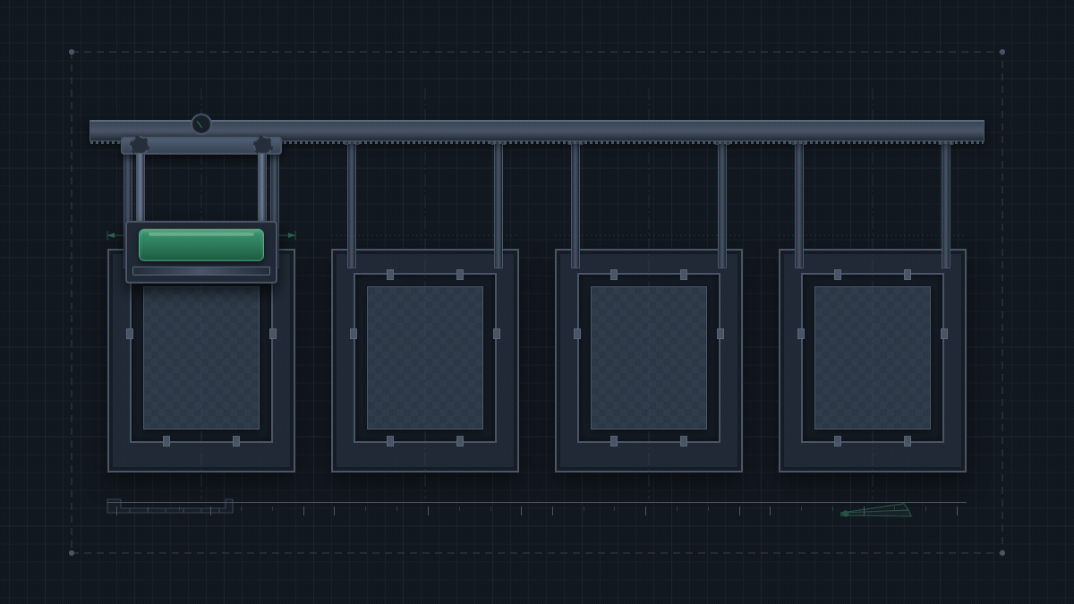 Four plate beds in a row, each holding an identical uninked plate. A press head travels to the FIRST bed only, descends, and that bed's plate fills with ink and detail, resolving into a finished proof