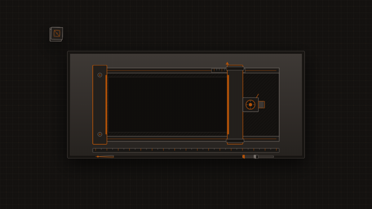 A horizontal measuring frame holds a block of set type. The frame's right edge slides inward and outward continuously by a small amount. Each time the edge moves, the type block inside is visibly re-s