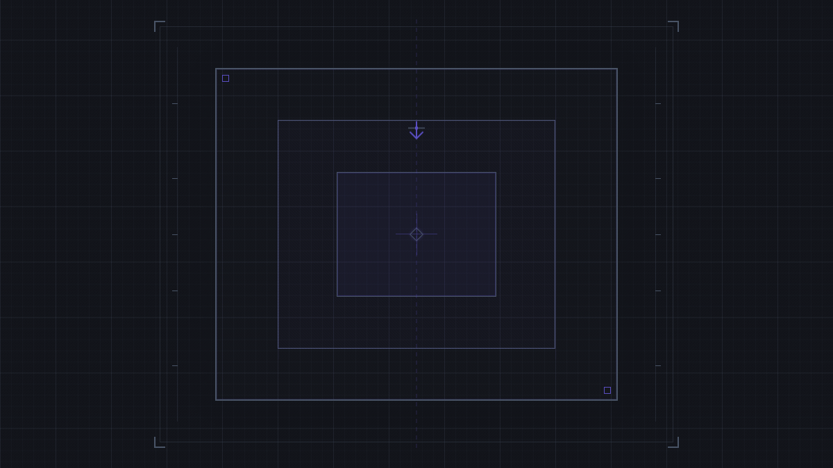 Three nested rectangles, outermost to innermost. A marker travels DOWNWARD from the outer rectangle to the inner one, each rectangle narrowing slightly as it passes through — constraints tightening. O
