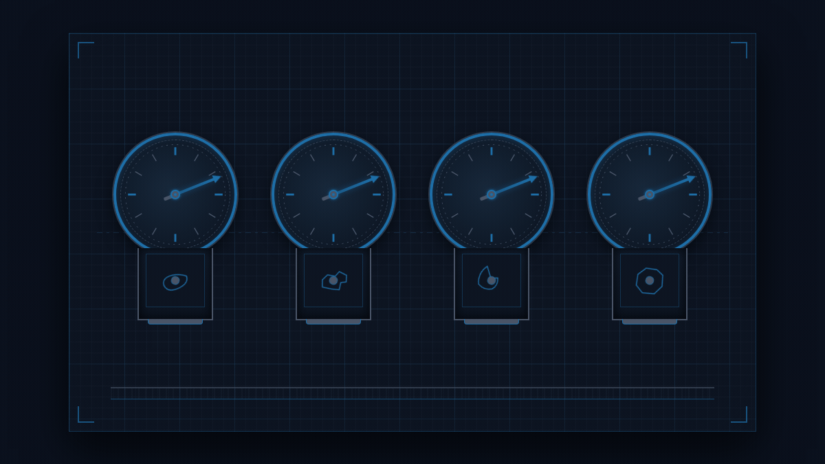 Four clock faces in a row, all hands starting at the same position and sweeping together. Partway through the sweep, one face's hand jumps forward by a visible step while the other three continue smoo