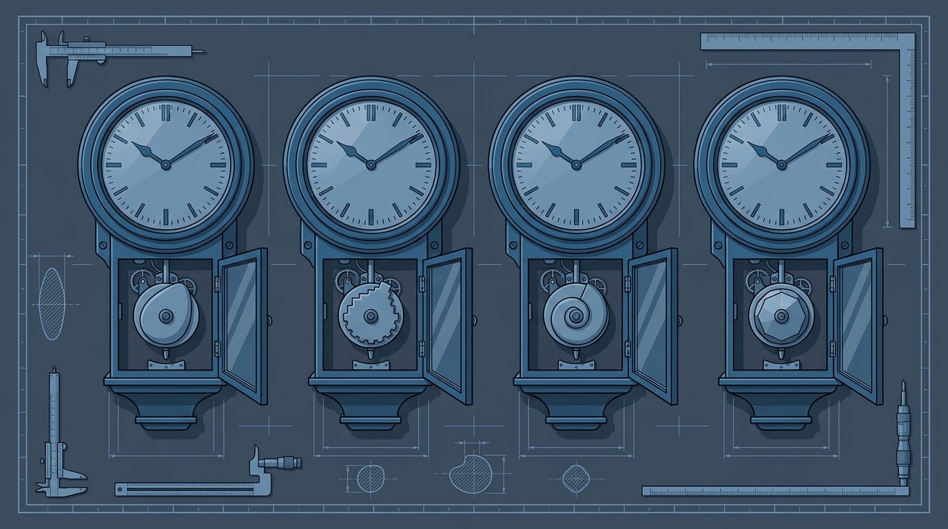 Four identical wall-mounted master clocks in a row, their cases open to show the governing cam inside each — and the cams are visibly different shapes from one another, though the dials read alike.