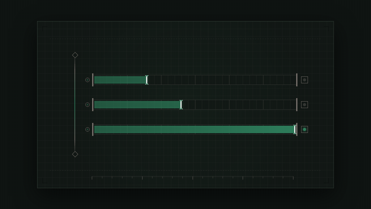 Three horizontal progress tracks stacked vertically, all starting together from a single release. The BOTTOM track fills almost immediately and comes to rest. The MIDDLE track fills at a moderate rate