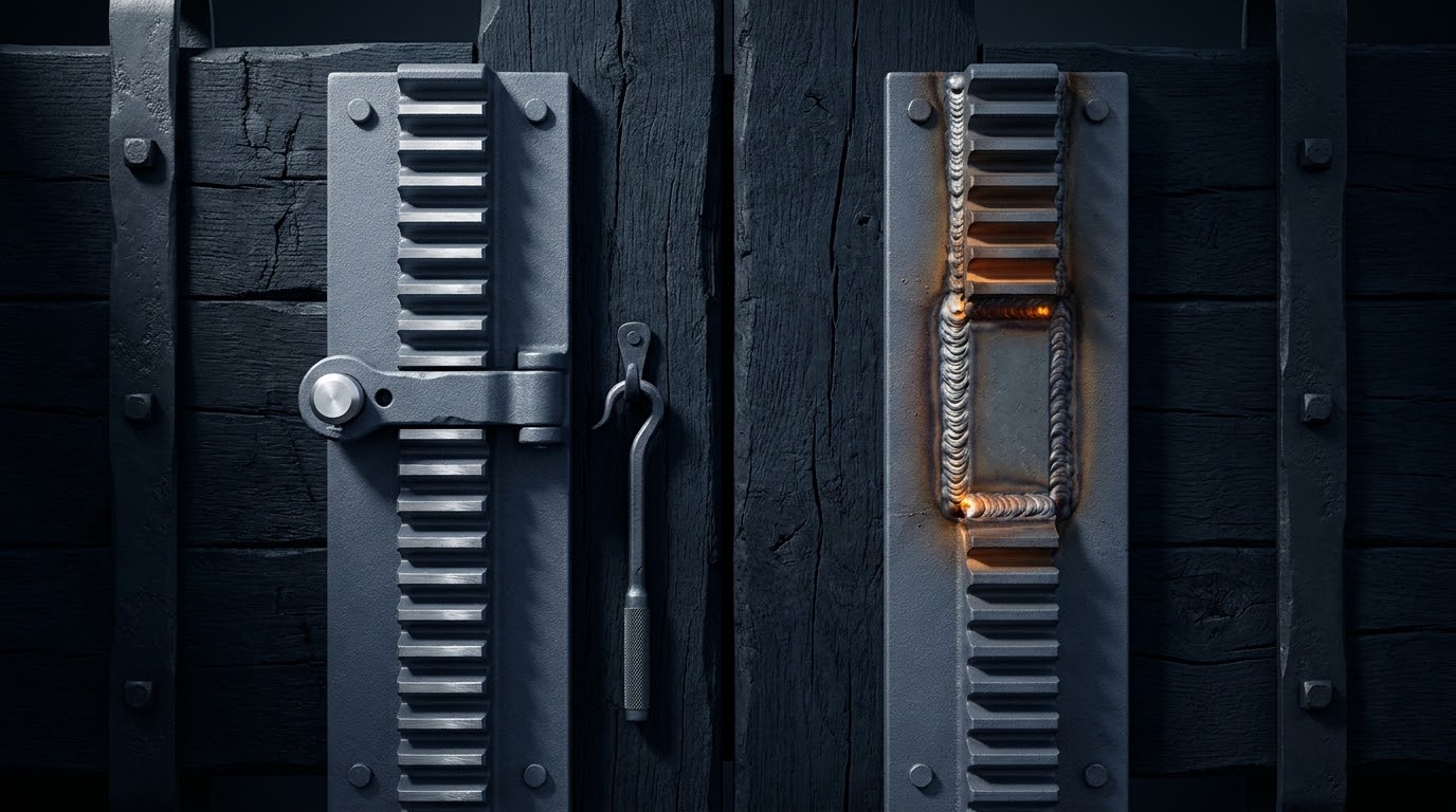 A rack held by a drop-pin with its puller to hand, beside a rack welded solid