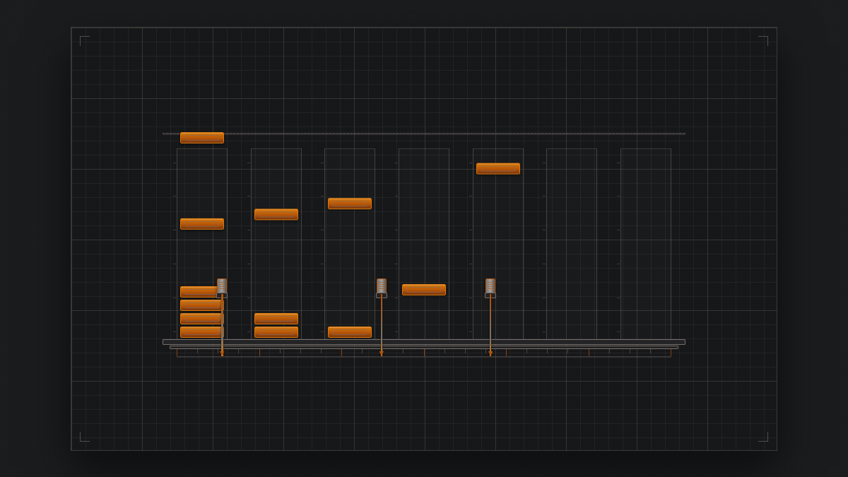 A row of empty columns. Tokens drop in one at a time and settle, building the columns up: the leftmost column grows tallest and fastest, the ones to the right grow slowly and the far-right ones receiv