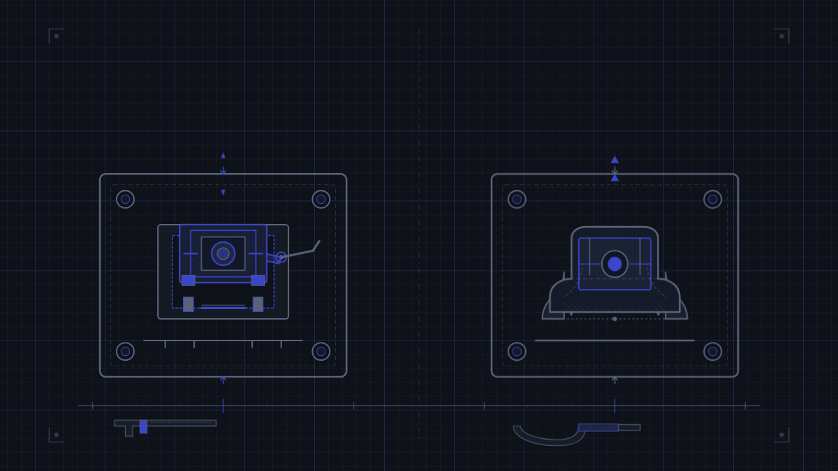 Two frames side by side, each holding a component. On the LEFT, the component lifts out of its frame, moves aside, and a different component drops into the same socket — the swap completing cleanly, t