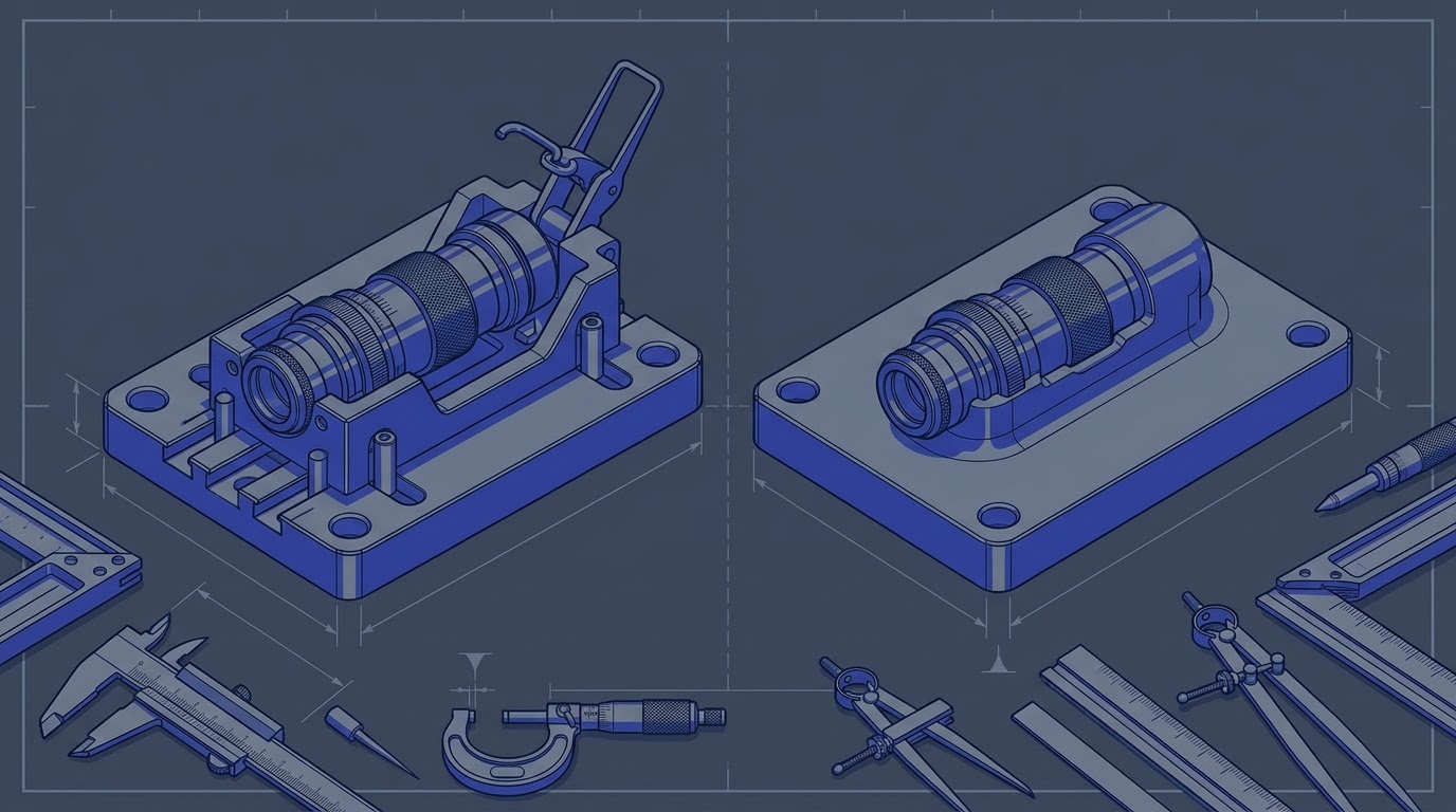 Two mounting plates side by side on a bench. The left plate has a removable instrument sitting in an open cradle with the retaining clip lifted; the right plate has an identical instrument cast into the plate as one continuous piece of metal, with no seam and no cradle at all.